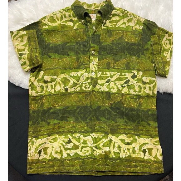 Vintage Large Iolani Green Barkcloth Button Down Collar Pullover Hawaiian Shirt - Picture 1 of 8
